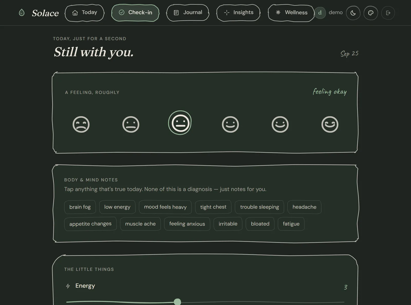 The SOLACE check-in page: six hand-drawn mood faces, body and mind note chips such as brain fog and low energy, and sliders for energy and sleep.