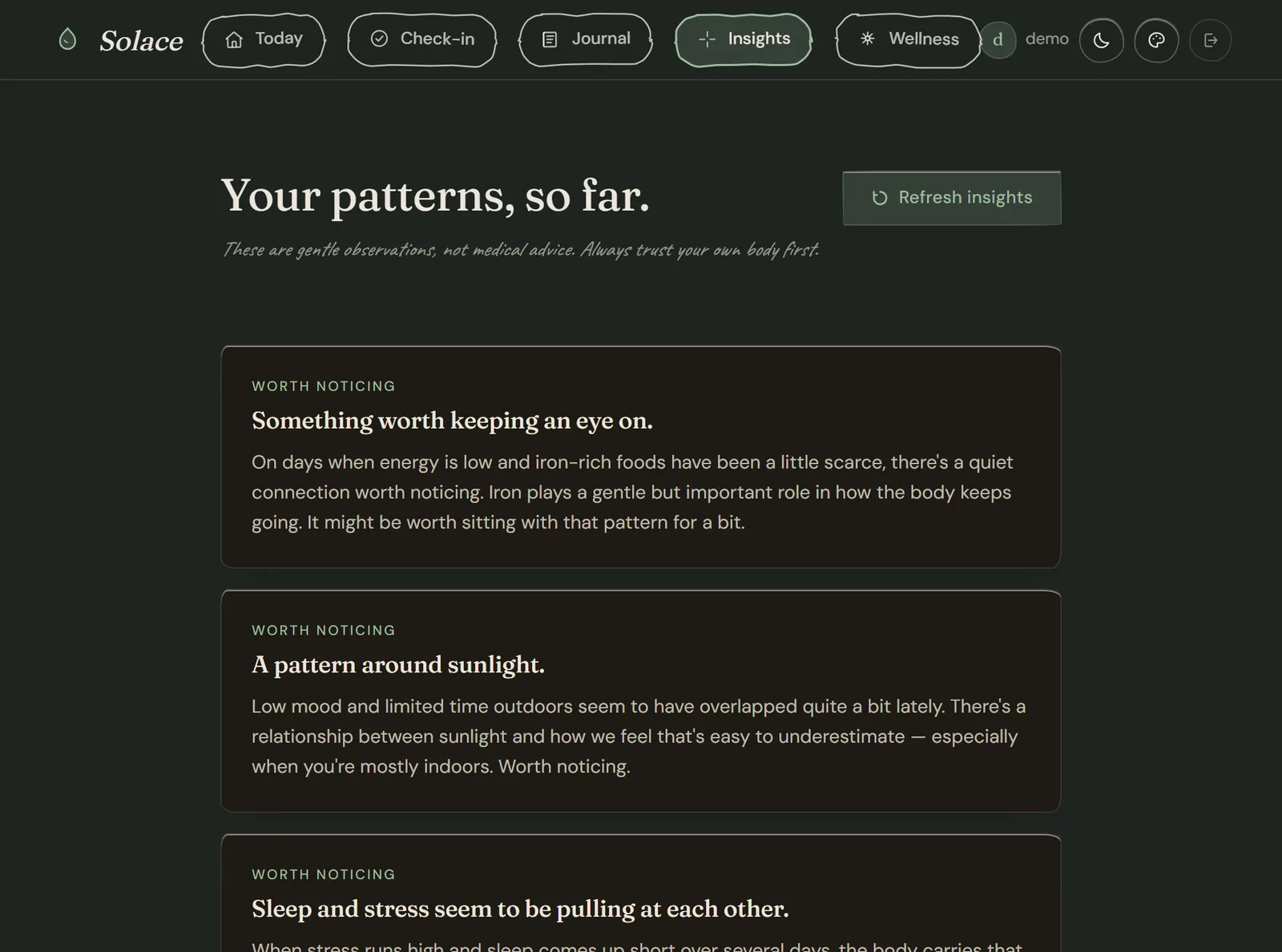 The SOLACE insights page titled Your patterns, so far, with a not-medical-advice note and insight cards such as A pattern around sunlight.
